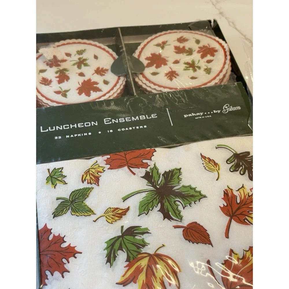 Vintage Luncheon Napkin Coaster Set Autumn Fall Leaves Event Entertain‎ MCM Dine